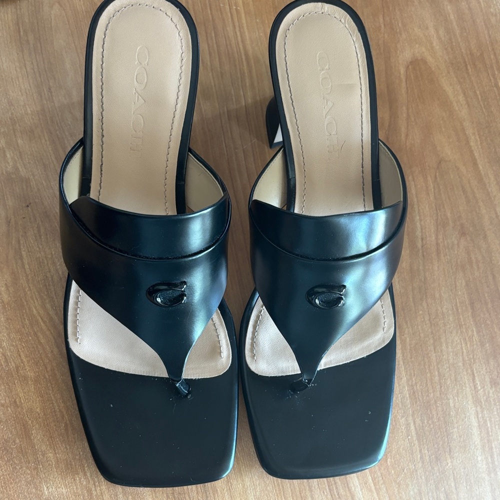 Coach Black Leather Open-Toe Heels